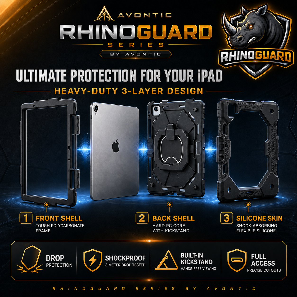 RhinoGuard ArmorPro Rugged iPad Case with Kickstand & Hand Strap