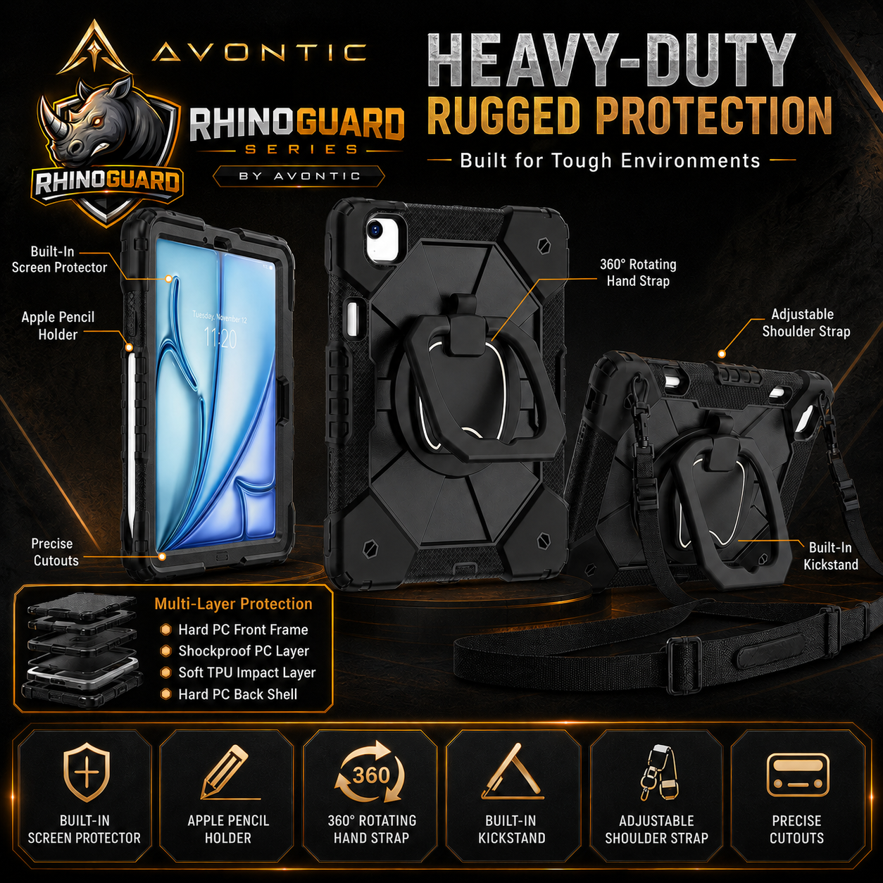 RhinoGuard ArmorPro Rugged iPad Case with Kickstand & Hand Strap