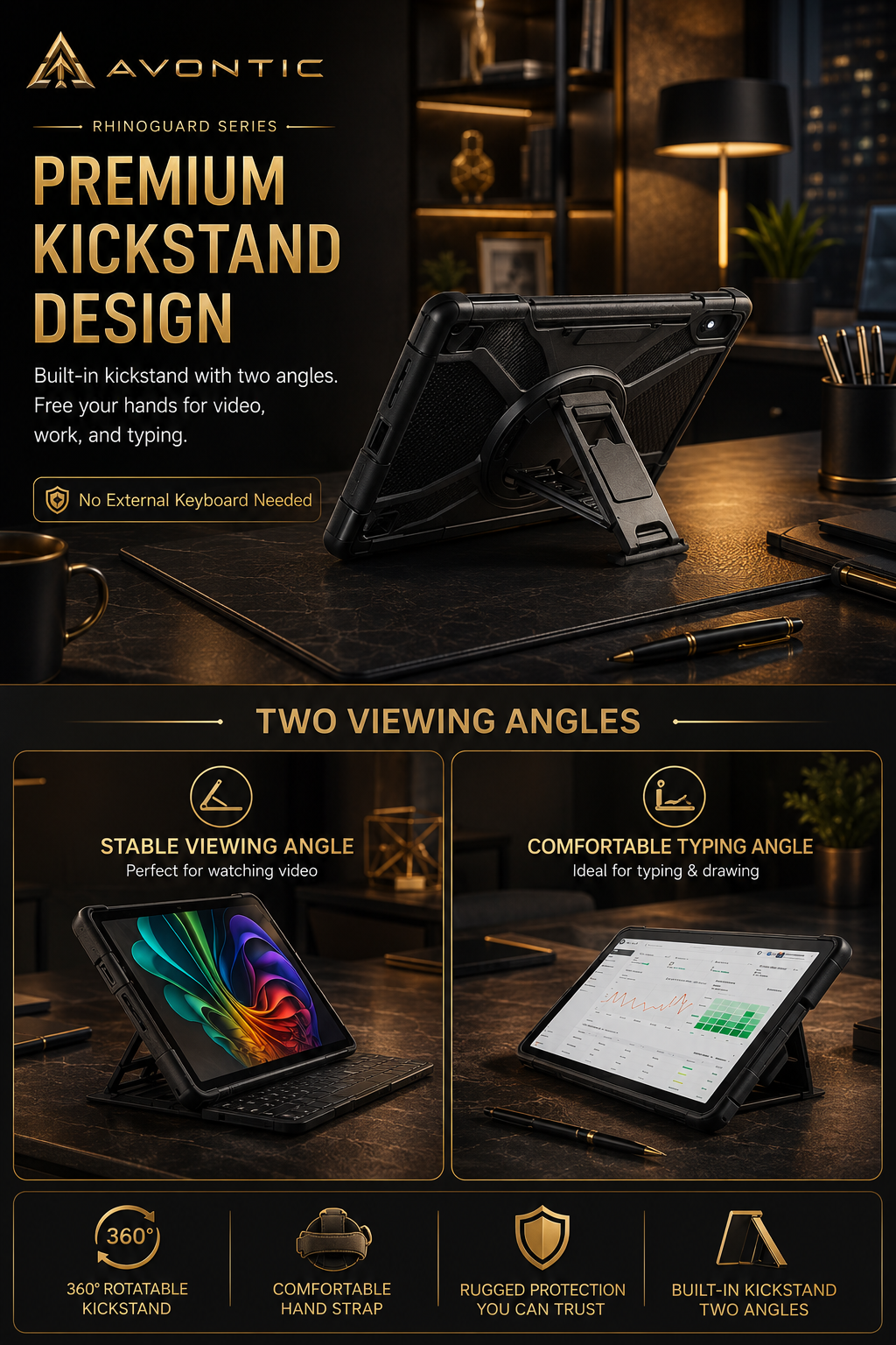 RhinoGuard Sentinel 360 Rugged iPad Case with Kickstand & Hand Strap