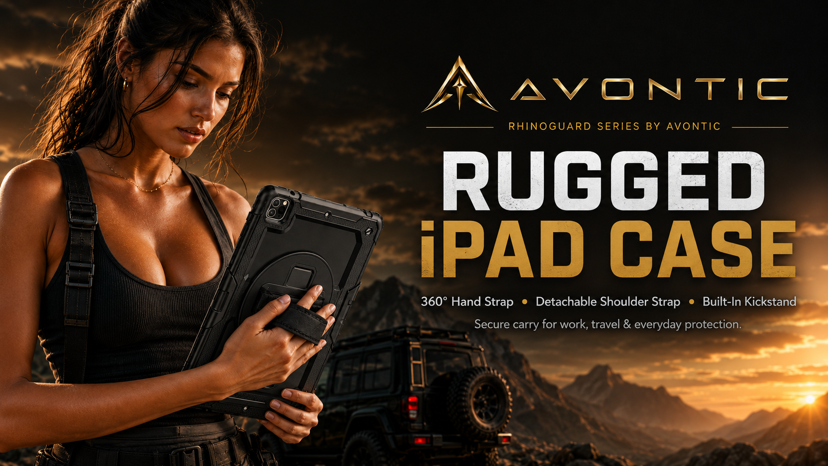 Avontic RhinoGuard Rugged iPad Case with Stand and Hand Strap