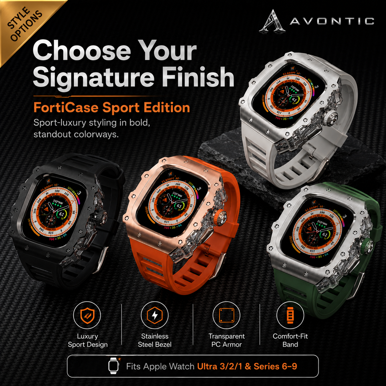 FortiCase Sport Edition — Stainless Steel Armor Kit for Apple Watch Ultra 3, 2 & 1 & Series 6–9