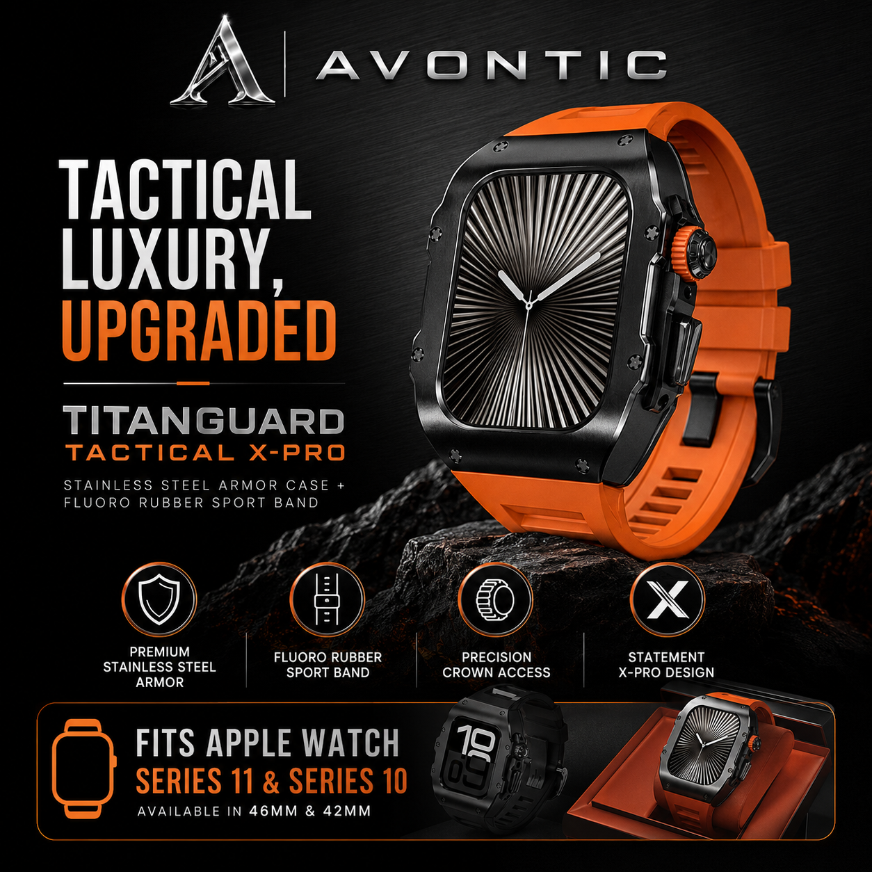 TitanGuard Tactical X-Pro Case & FluoroBand Kit for Apple Watch Series 11/10 46mm 42mm – Stainless Steel Armor Protective Case + Fluoro Rubber Sport Band
