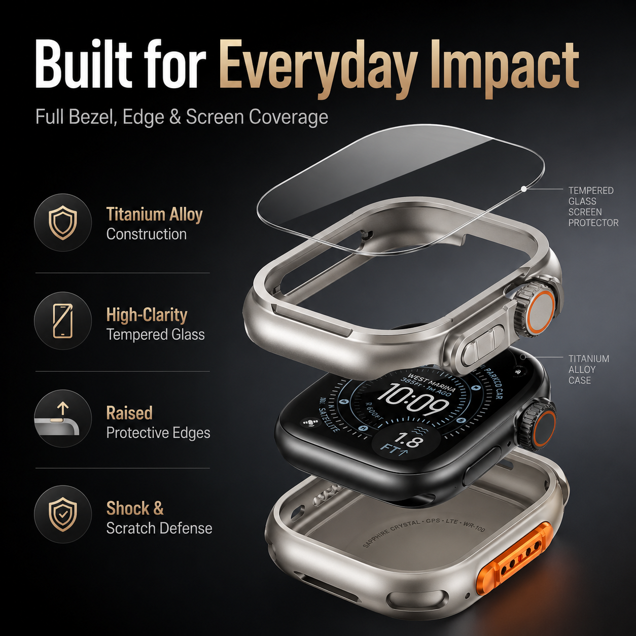 Titanium Alloy Case with Tempered Glass Screen Protector for Apple Watch