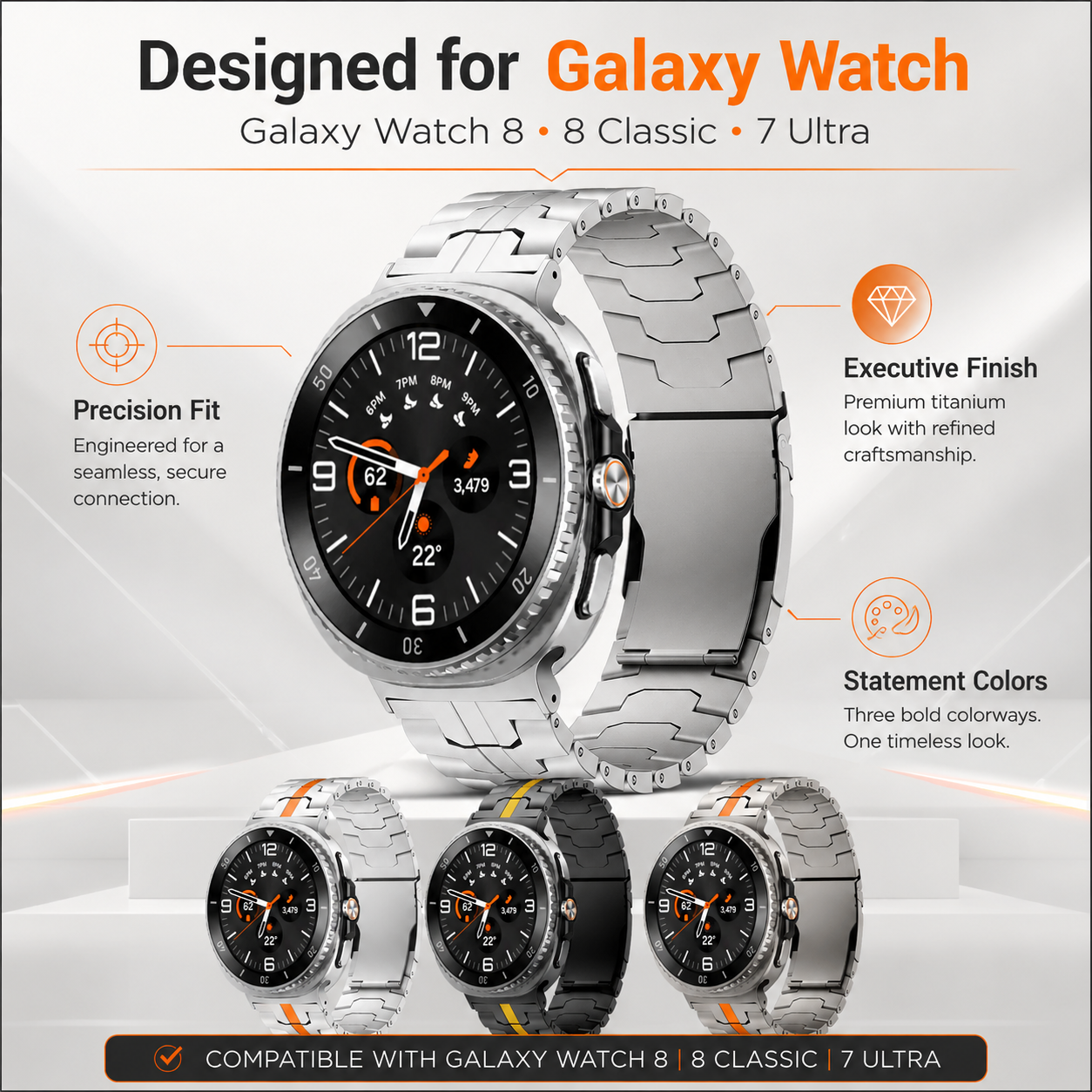 TitaniumFusion Executive Band for Galaxy Watch 8 / 8 Classic (40mm, 44mm, 46mm) 7 Ultra
