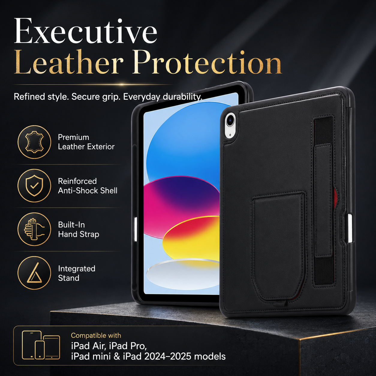 Leather iPad Case with Hand Strap and Stand – Compatible with iPad Air, Pro, Mini, and iPad (2024–2026 Models)