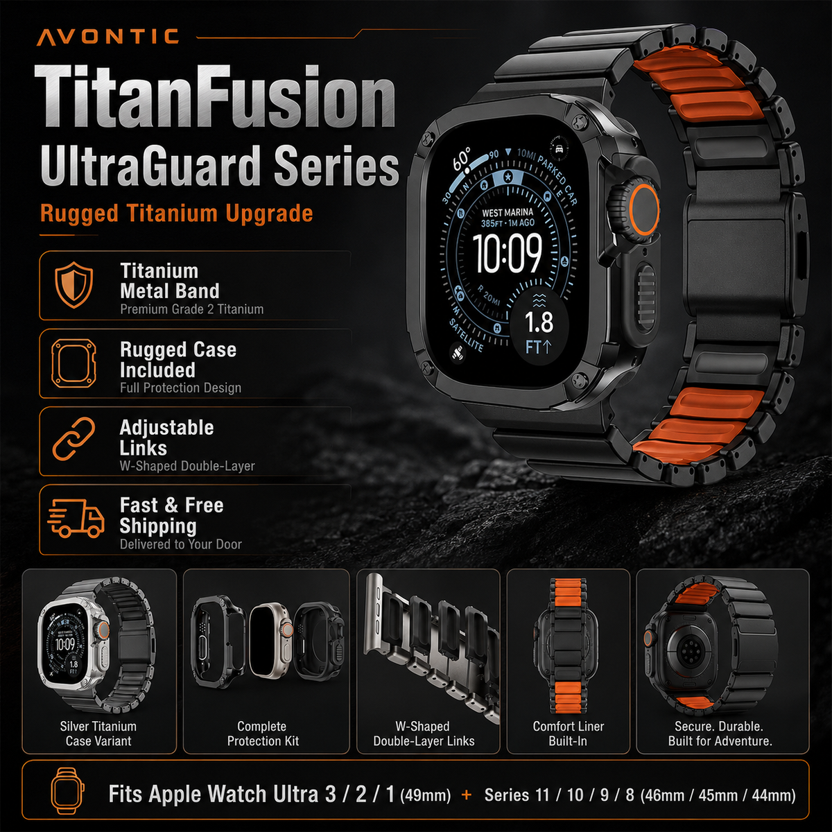 TitanFusion UltraGuard Series — Titanium Metal Band + Rugged Case for Apple Watch Ultra 3, Ultra 2, Ultra 1, Series 11, 10, 9, 8 (49mm / 46mm / 45mm / 44mm)