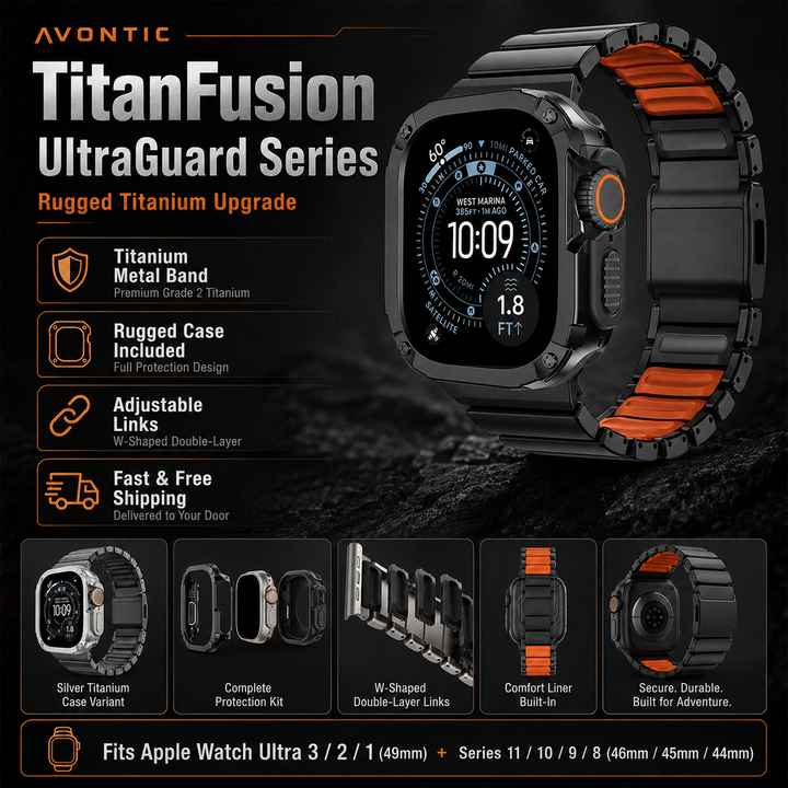 TitanFusion UltraGuard Series — Titanium Metal Band + Rugged Case for Apple Watch Ultra 3, Ultra 2, Ultra 1, Series 11, 10, 9, 8 (49mm / 46mm / 45mm / 44mm)