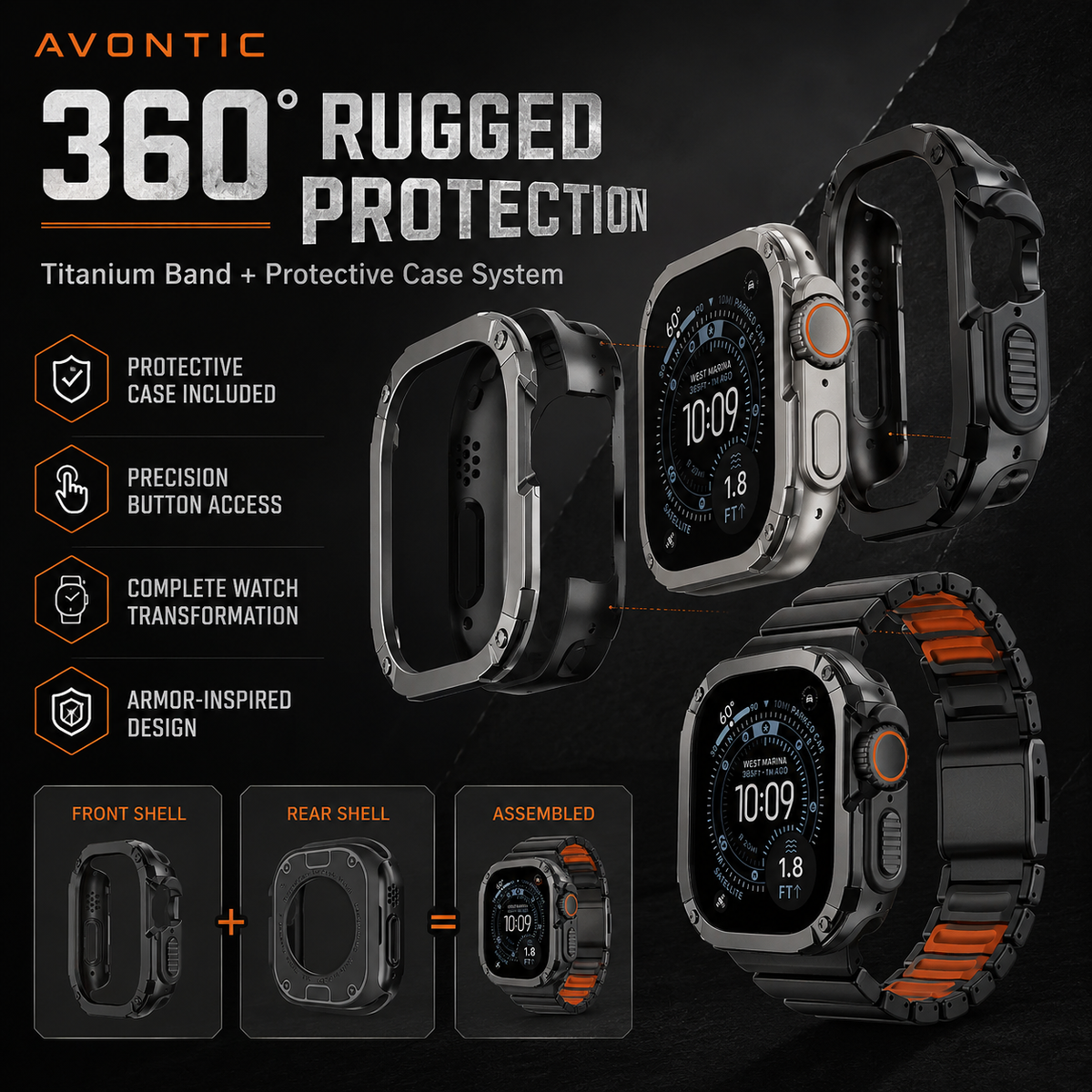 TitanFusion UltraGuard Series — Titanium Metal Band + Rugged Case for Apple Watch Ultra 3, Ultra 2, Ultra 1, Series 11, 10, 9, 8 (49mm / 46mm / 45mm / 44mm)