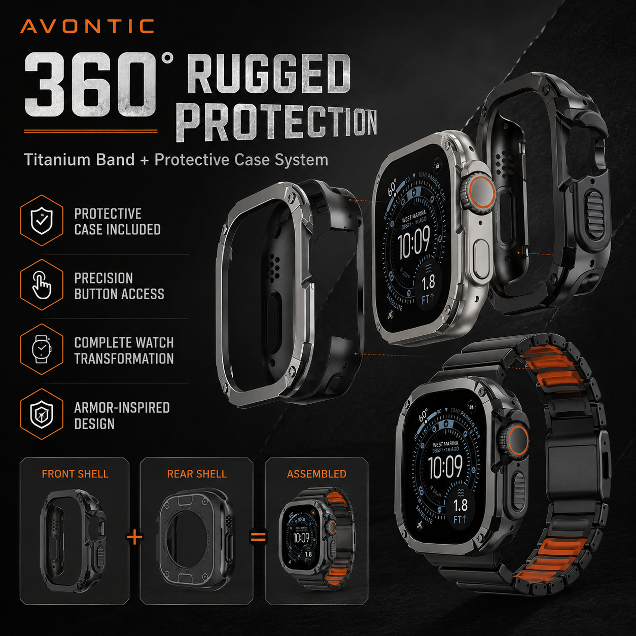 TitanFusion UltraGuard Series — Titanium Metal Band + Rugged Case for Apple Watch Ultra 3, Ultra 2, Ultra 1, Series 11, 10, 9, 8 (49mm / 46mm / 45mm / 44mm)
