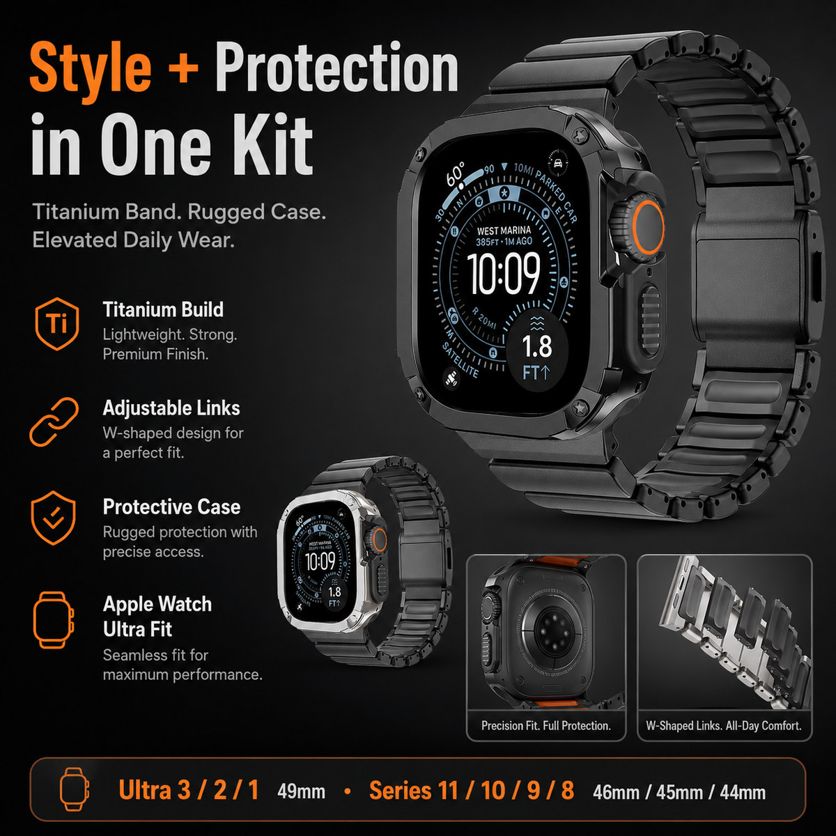 TitanFusion UltraGuard Series — Titanium Metal Band + Rugged Case for Apple Watch Ultra 3, Ultra 2, Ultra 1, Series 11, 10, 9, 8 (49mm / 46mm / 45mm / 44mm)