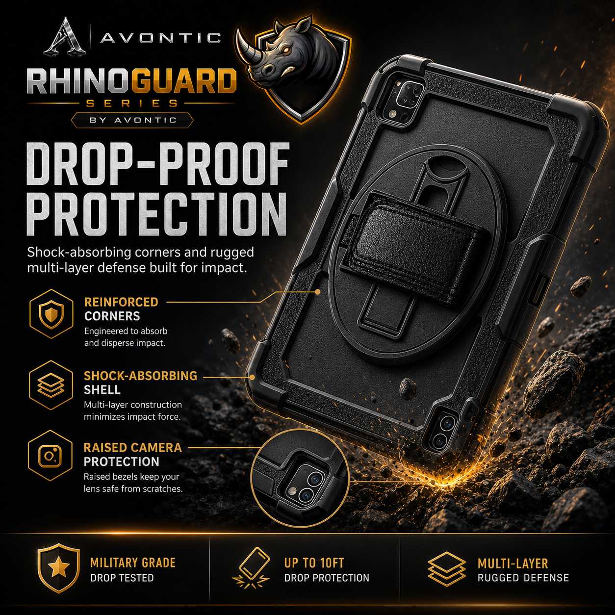 RhinoGuard Pro Rugged iPad Case with Hand Strap, Shoulder Strap & Kickstand