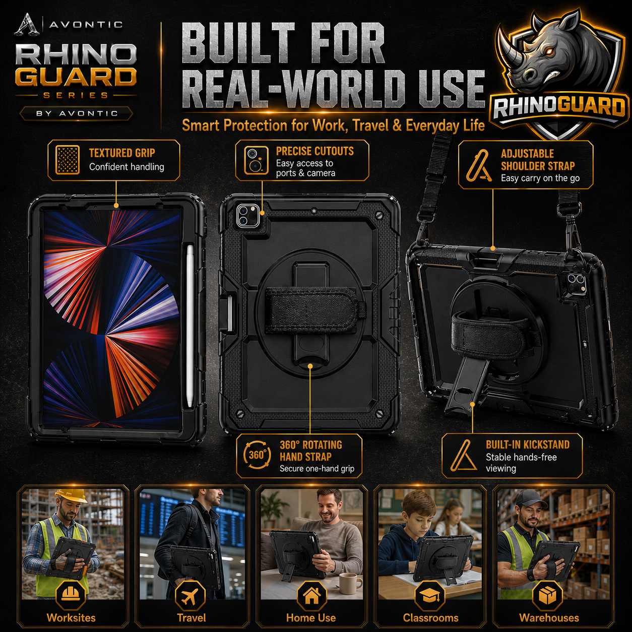 RhinoGuard Pro Rugged iPad Case with Hand Strap, Shoulder Strap & Kickstand