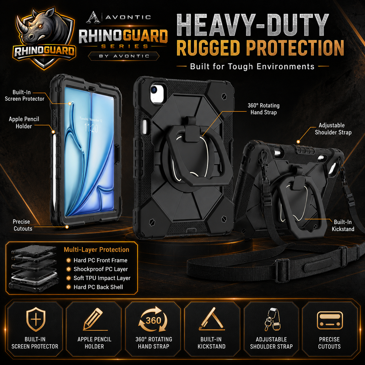 RhinoGuard ArmorPro Rugged iPad Case with Kickstand & Hand Strap