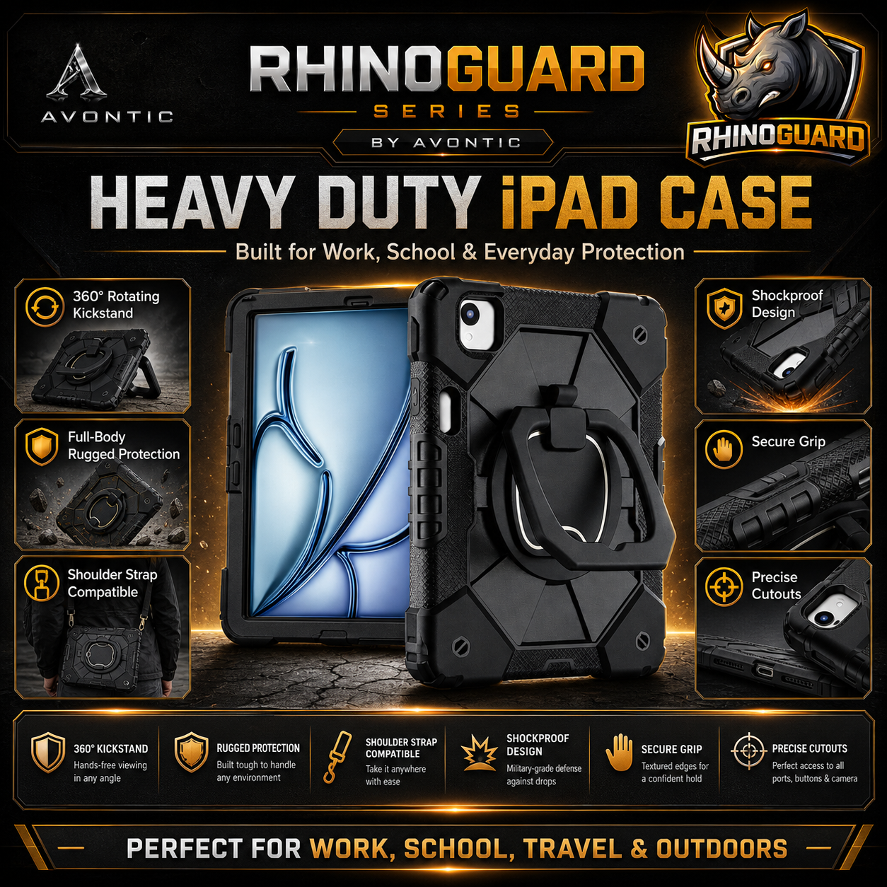 RhinoGuard ArmorPro Rugged iPad Case with Kickstand & Hand Strap