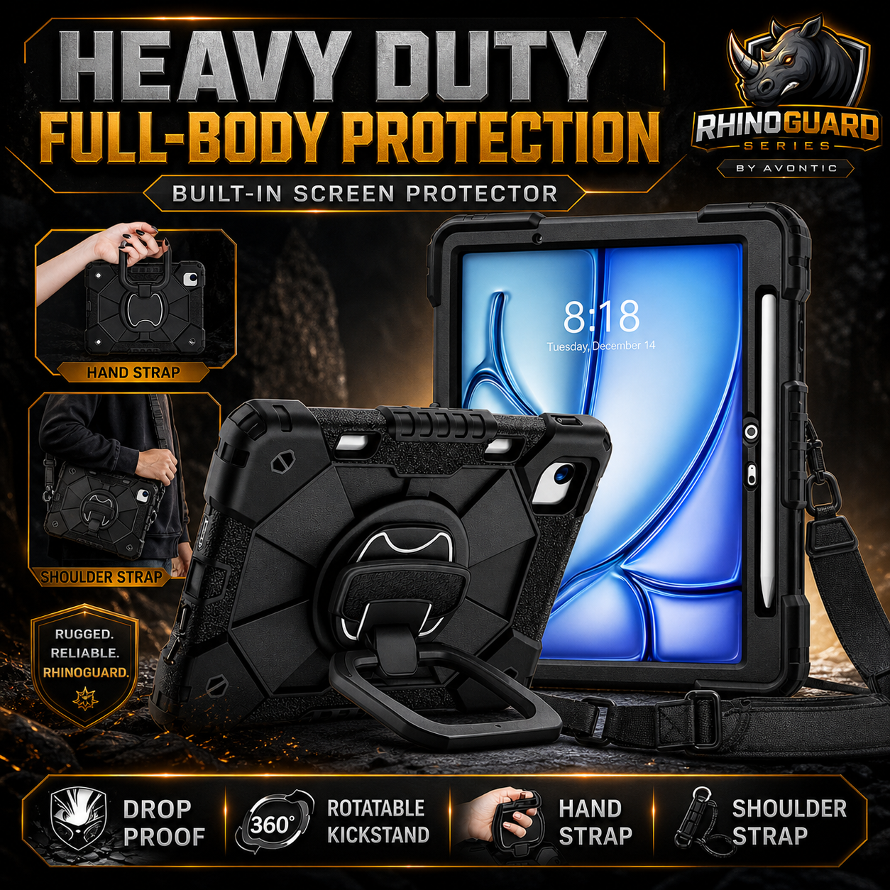 RhinoGuard ArmorPro Rugged iPad Case with Kickstand & Hand Strap