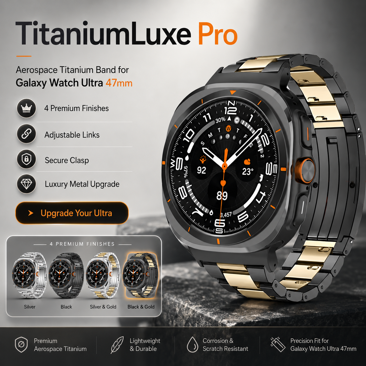 TitaniumLuxe Pro Band for Samsung Galaxy Watch Ultra 2024 & 2025 (47mm) - Premium Titanium, Adjustable, 4 Finishes