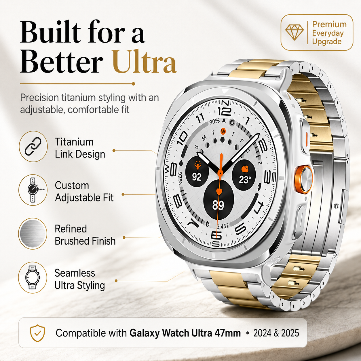 TitaniumLuxe Pro Band for Samsung Galaxy Watch Ultra 2024 & 2025 (47mm) - Premium Titanium, Adjustable, 4 Finishes