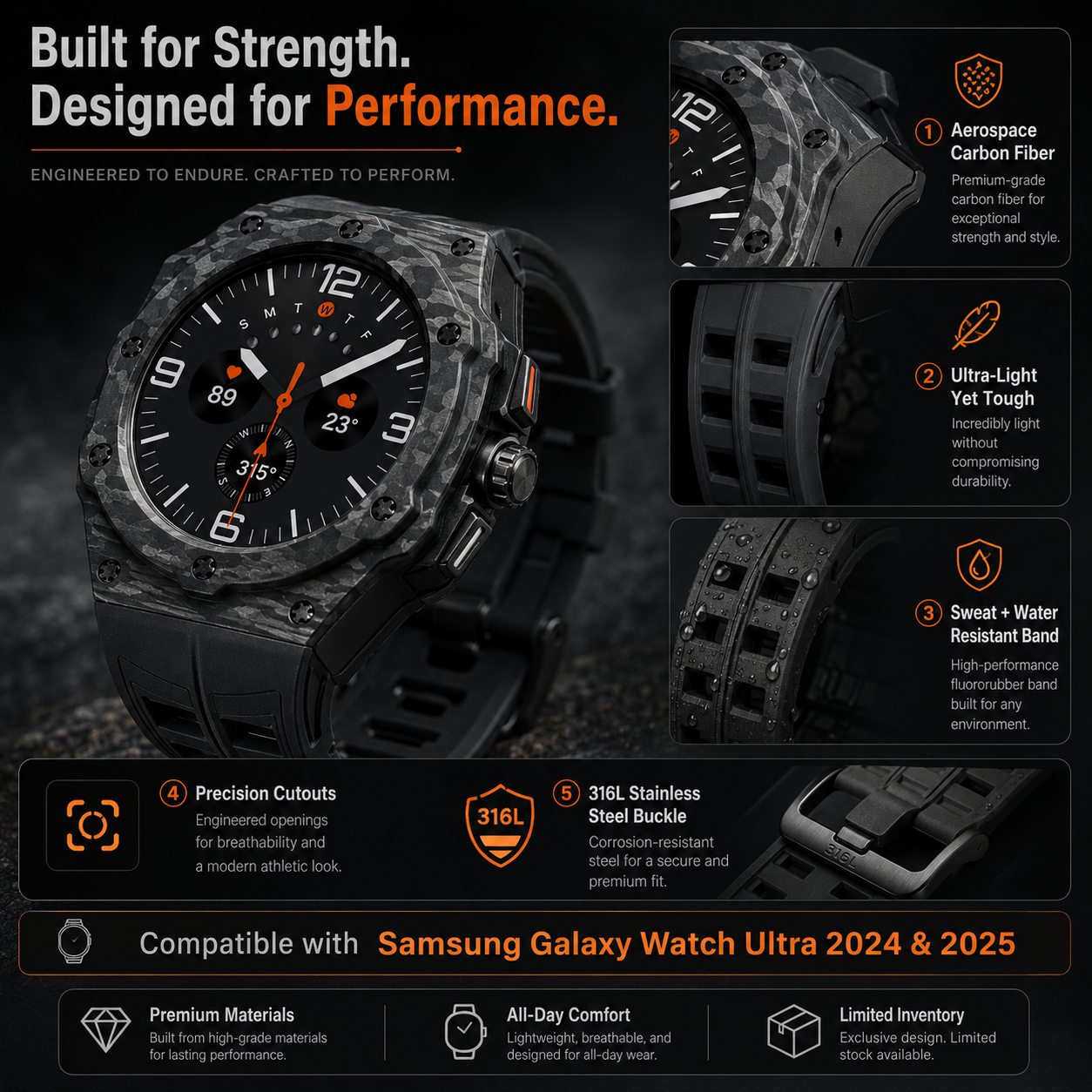 Galaxy Ultra Carbon Fiber Band & Case Combo - Premium Protection for Samsung Galaxy Watch 7 Ultra 47mm