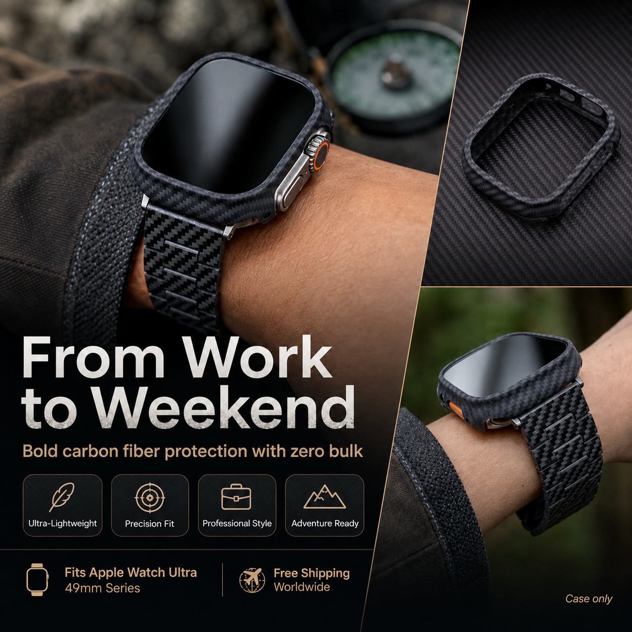 CarbonShieldPro Carbon Fiber Case for Apple Watch Ultra 3/Ultra 2/Ultra 49mm – Lightweight Scratch & Impact Resistant Protective Cover