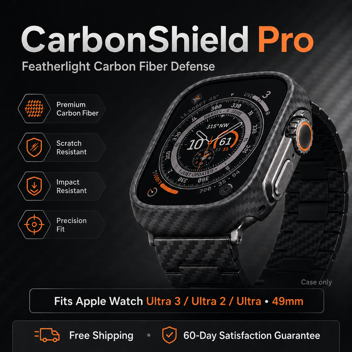 CarbonShieldPro Carbon Fiber Case for Apple Watch Ultra 3/Ultra 2/Ultra 49mm – Lightweight Scratch & Impact Resistant Protective Cover