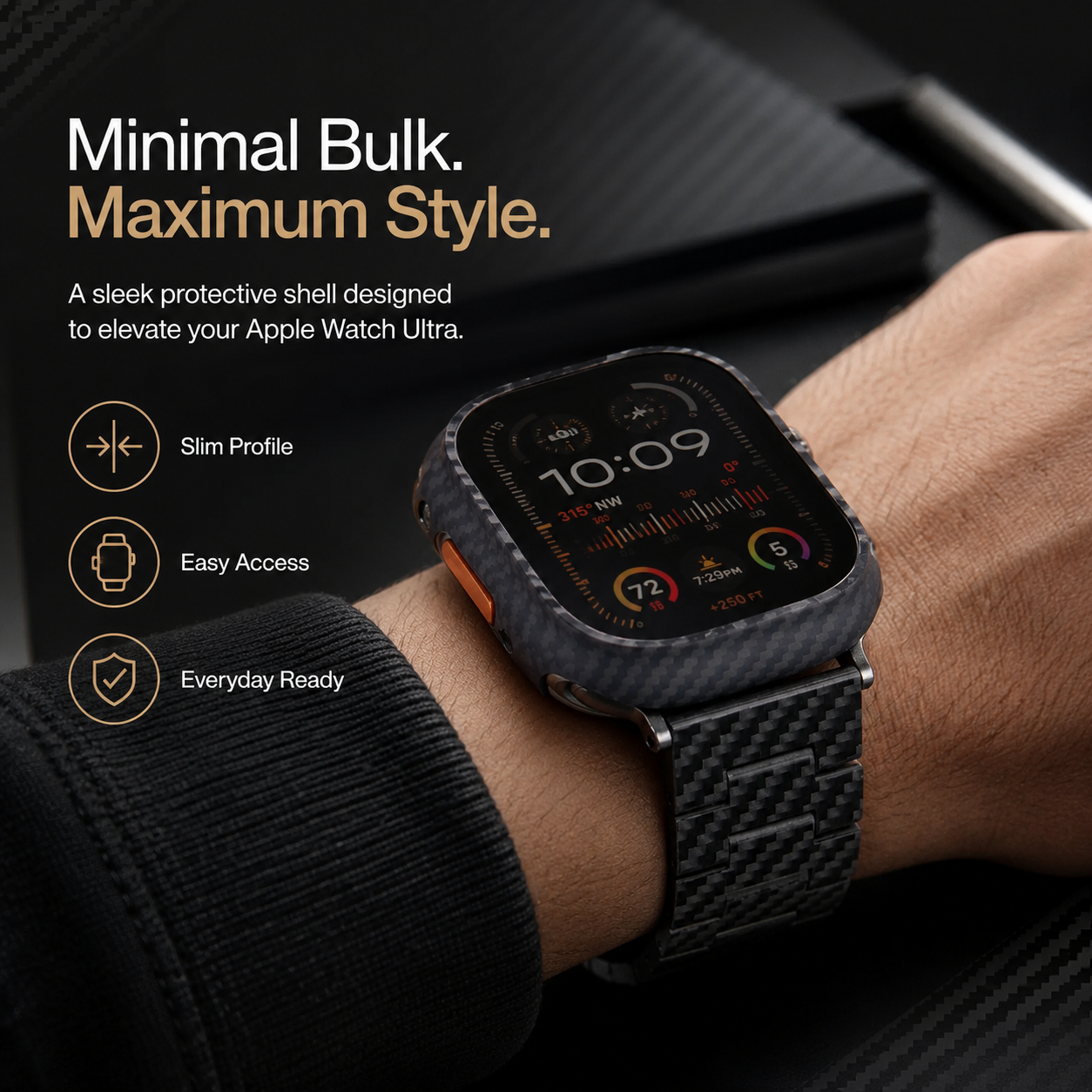 CarbonShieldPro Carbon Fiber Case for Apple Watch Ultra 3/Ultra 2/Ultra 49mm – Lightweight Scratch & Impact Resistant Protective Cover