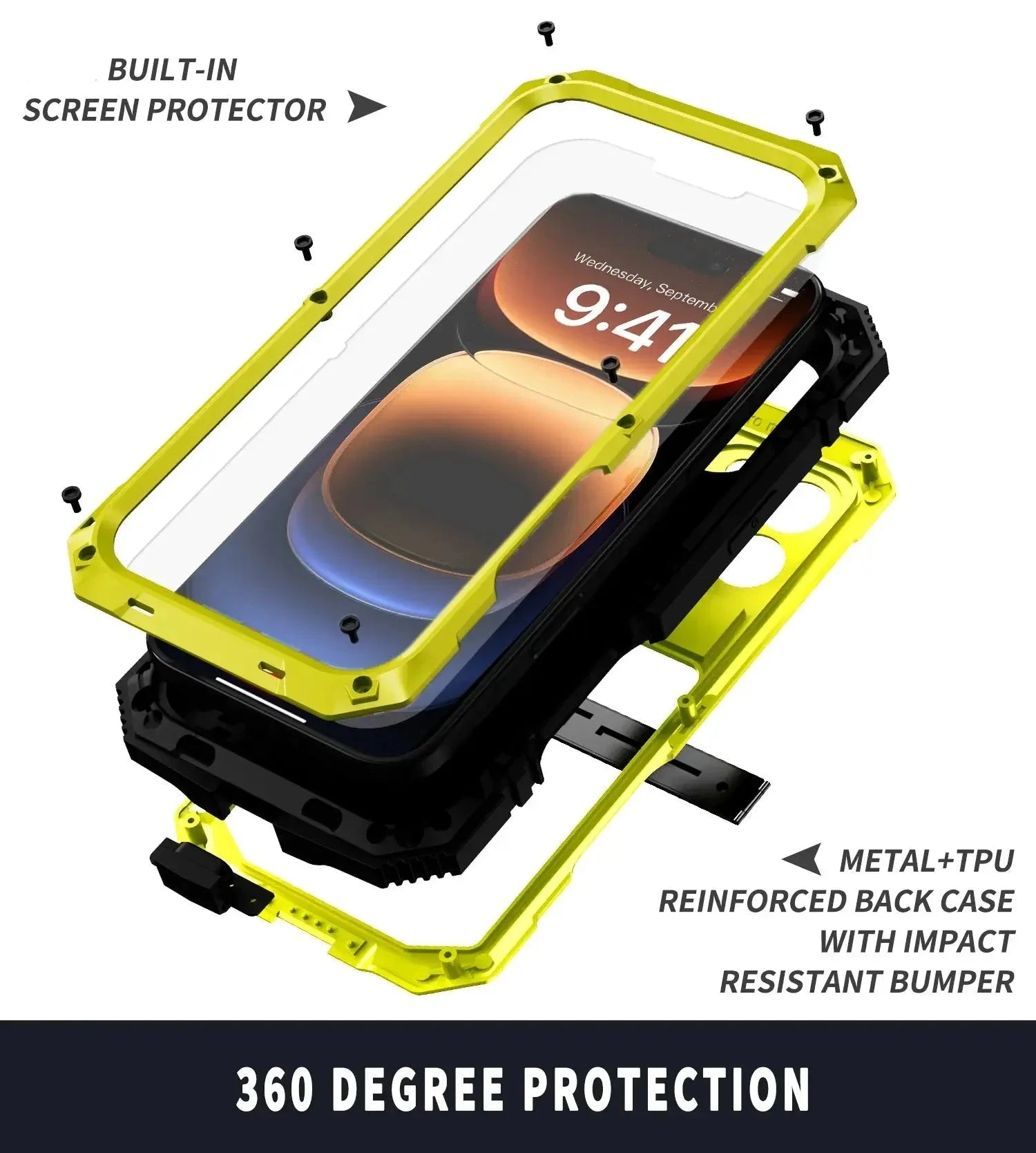 For iPhone 16 Pro Max 16 Plus Case Screw Bumper Metal Phone Case Built-in Kickstand Heavy Duty Shockproof Cover Screen Protector Avontic