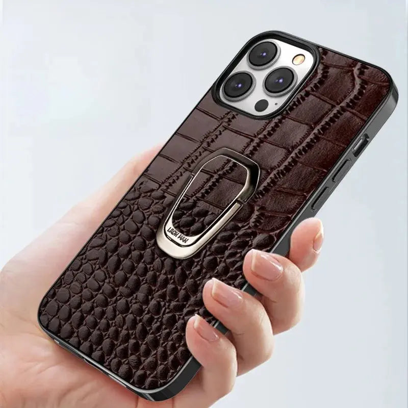 Genuine Cowhide Leather Bracket Phone Case For iPhone 15 14 13 12 11 Pro Max XR XS Max SE 2022 7 8 Plus Back Cover with Ring Avontic