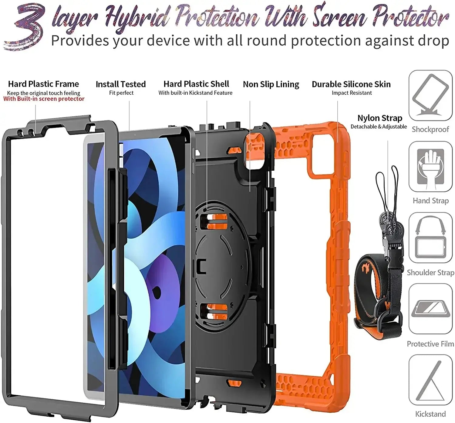 Kickstand Shockproof Case For iPad Air 4 Air 5 10.9 2022 10th Generation Pencil Holder Cover+PET Screen Protector+Shoulder Strap Avontic