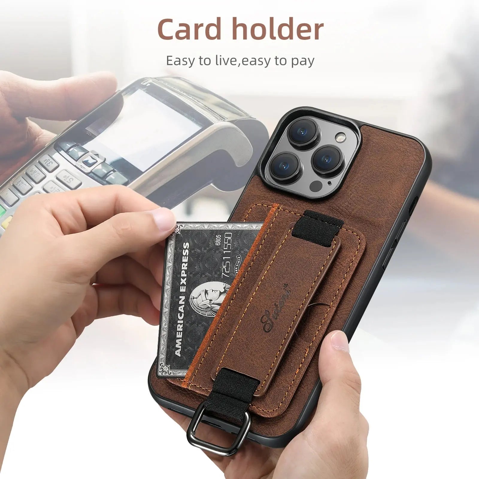 Luxury Leather Card Holder Phone Case For iPhone 13 12 14 15 Pro Max 15Plus 11 Xs Xr X Wrist Ring Shell Wallet Shockproof Cover Avontic