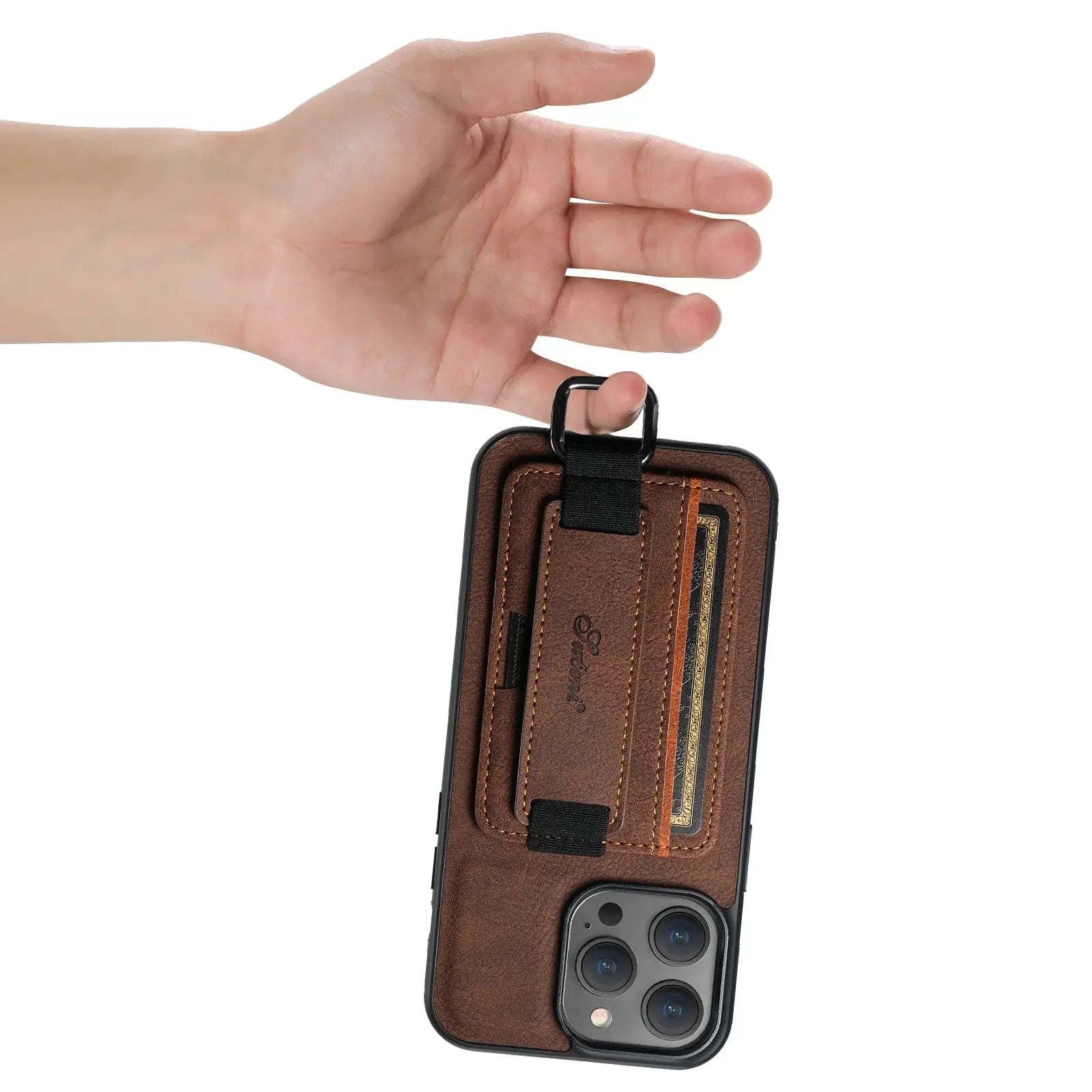 Luxury Leather Card Holder Phone Case For iPhone 13 12 14 15 Pro Max 15Plus 11 Xs Xr X Wrist Ring Shell Wallet Shockproof Cover Avontic