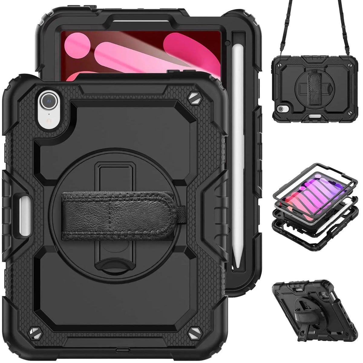 Case for iPad Mini 7 (A17 Pro)2024/ Mini 6 8.3'' with Screen Protector Pencil Holder [360 Rotating Hand Strap] &Stand Shockproof Avontic