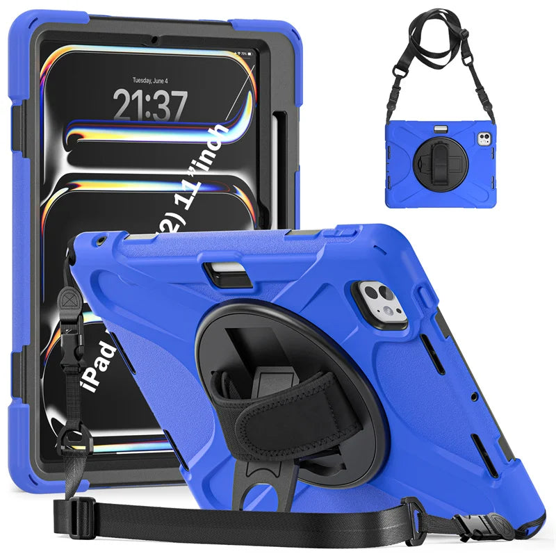 Rugged Kickstand Shockproof Case with Shoulder Strap for 2024 2025 iPad Pro 11", 12.9", iPad Air 13", & iPad Air 11" M2