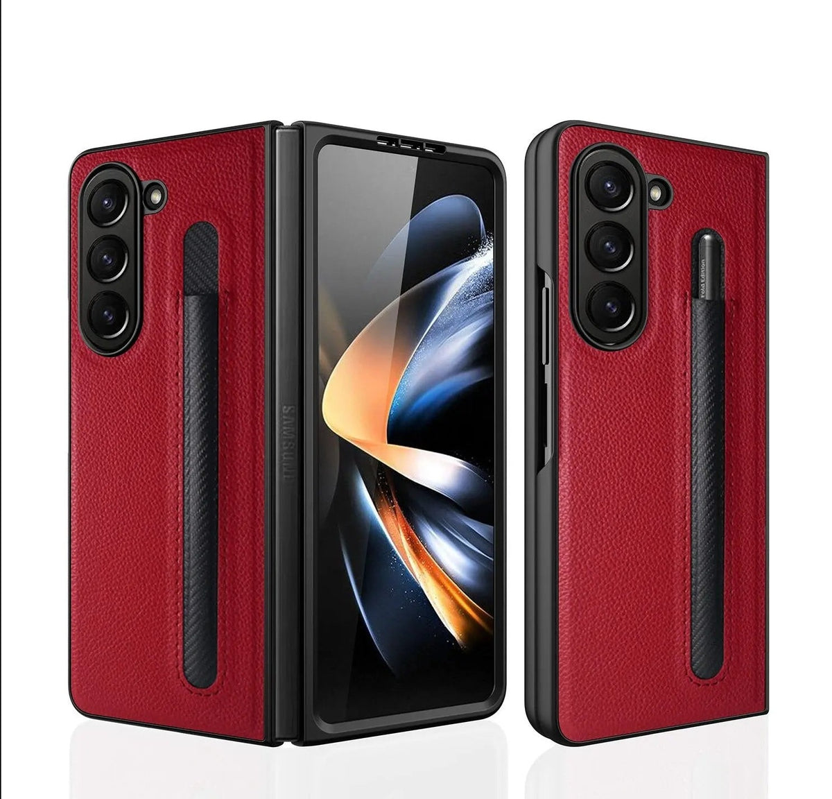 For Samsung Galaxy Z Fold 5 Lychee Leather Case Business with S-Pen Slot & Built-in Tempered Glass Folding Protection Cover Avontic