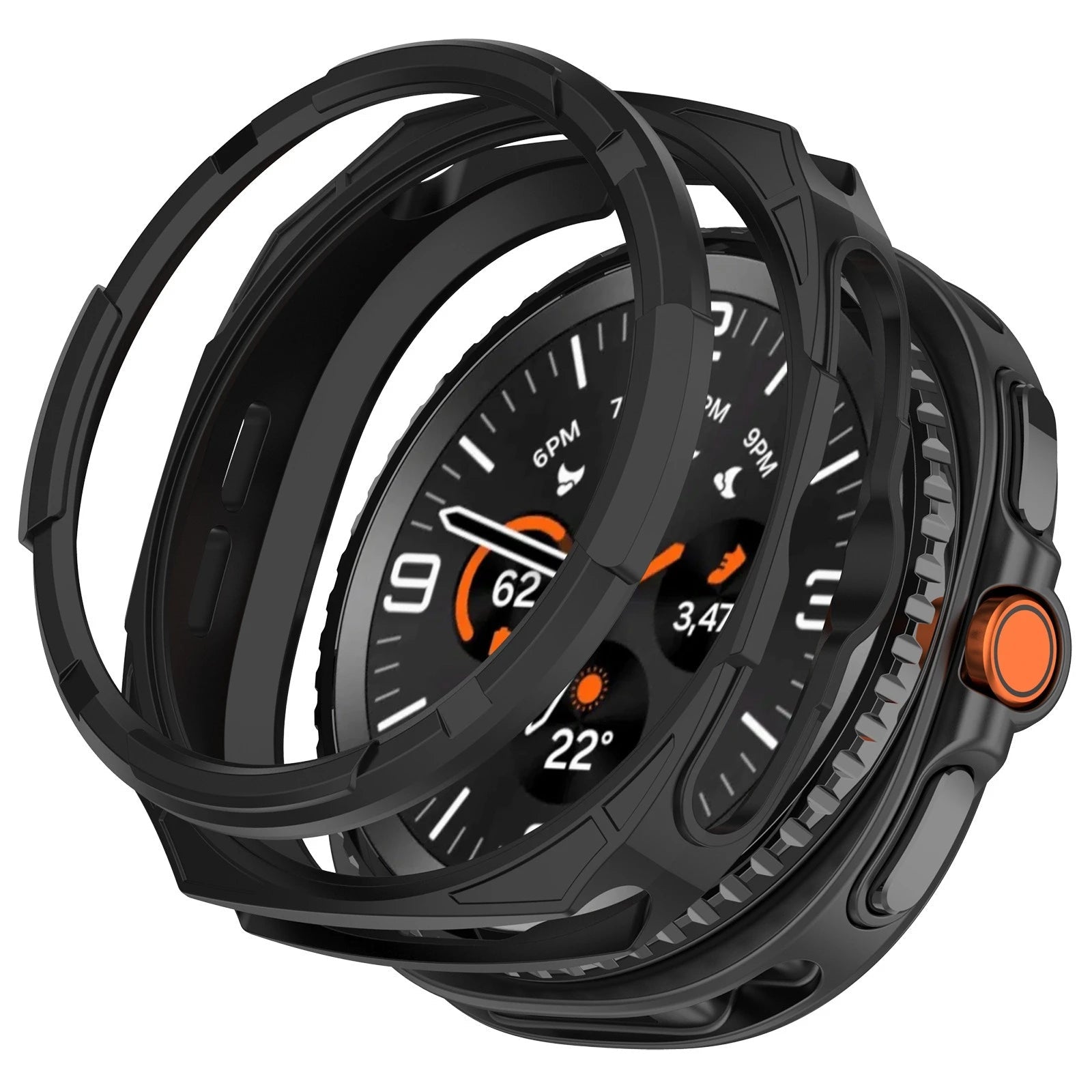 Smartwatch with a black protective case on a white background