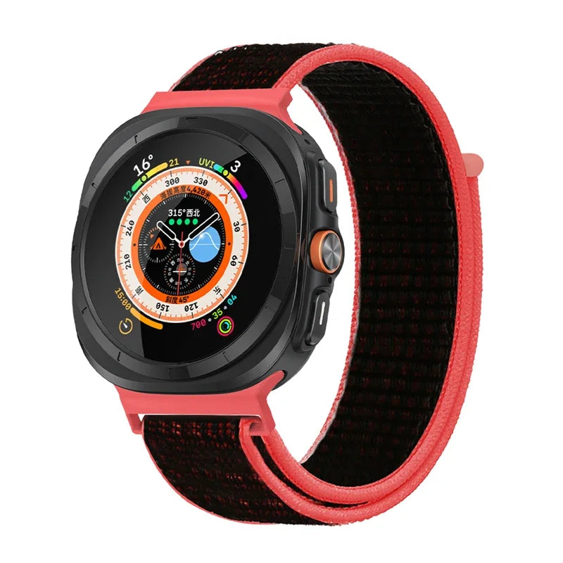 Avontic TrailLoop Black / Red woven nylon band for Galaxy Watch Ultra and Ultra2 47mm on a clean background