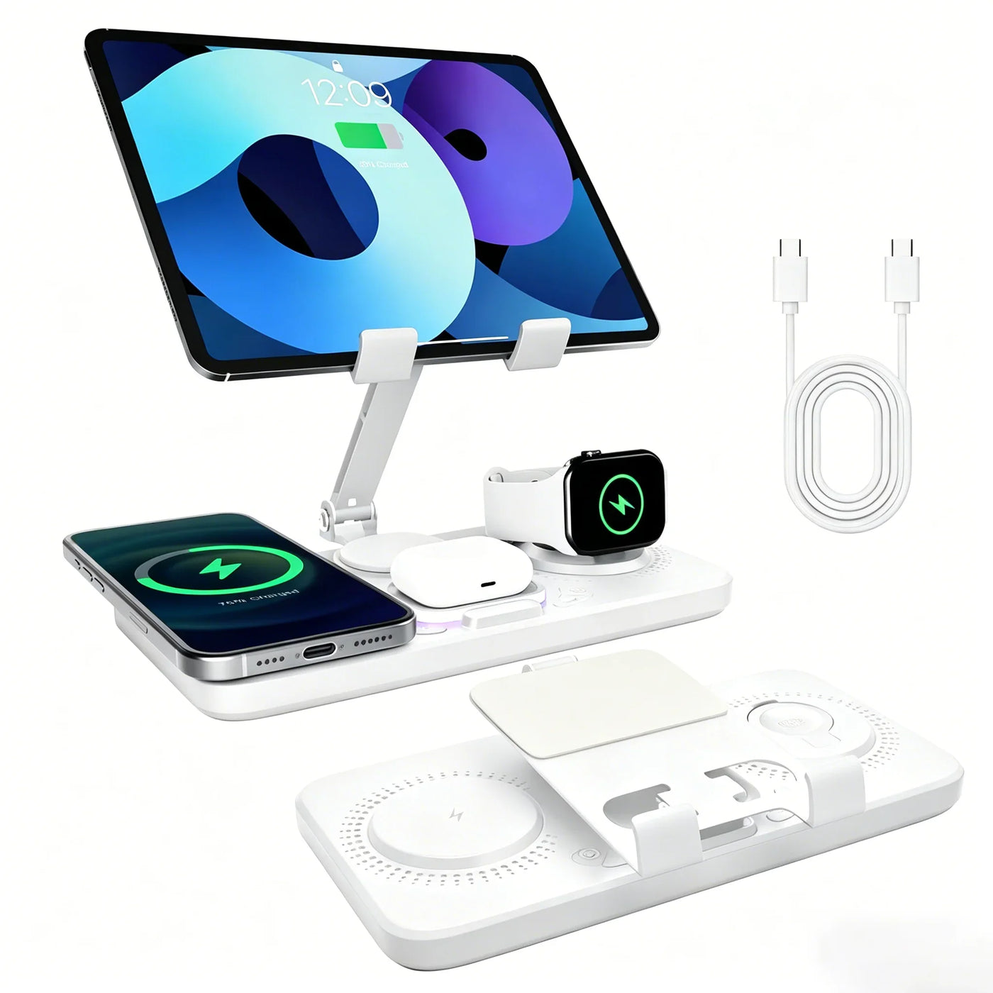 White Avontic ChargeStation 7 with an adjustable iPad stand and charging areas for supported devices