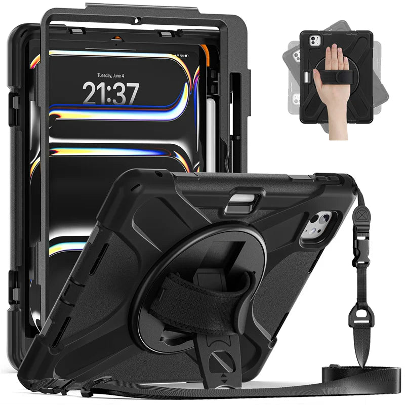 Rugged Kickstand Shockproof Case with Shoulder Strap for 2024 2025 iPad Pro 11", 12.9", iPad Air 13", & iPad Air 11" M2