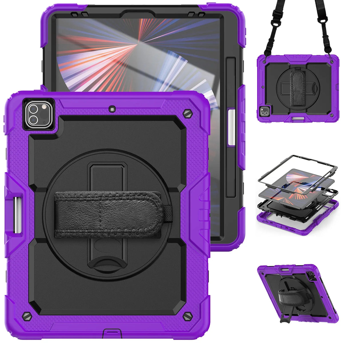 RhinoGuard Pro iPad case in Black / Purple — rotating hand strap and kickstand