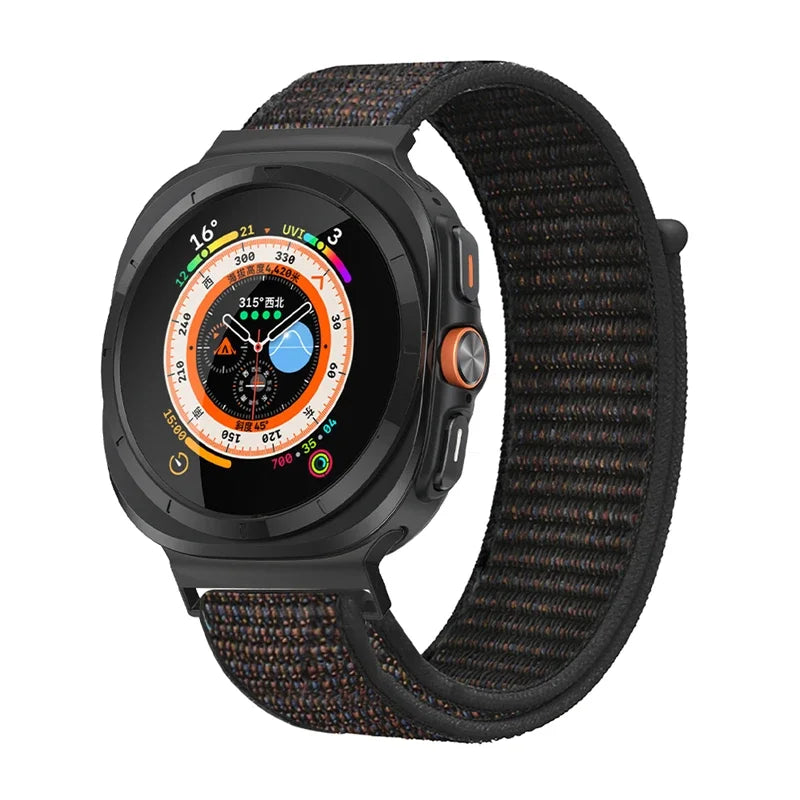 Avontic TrailLoop Black / Sand woven nylon band for Galaxy Watch Ultra and Ultra2 47mm on a clean background