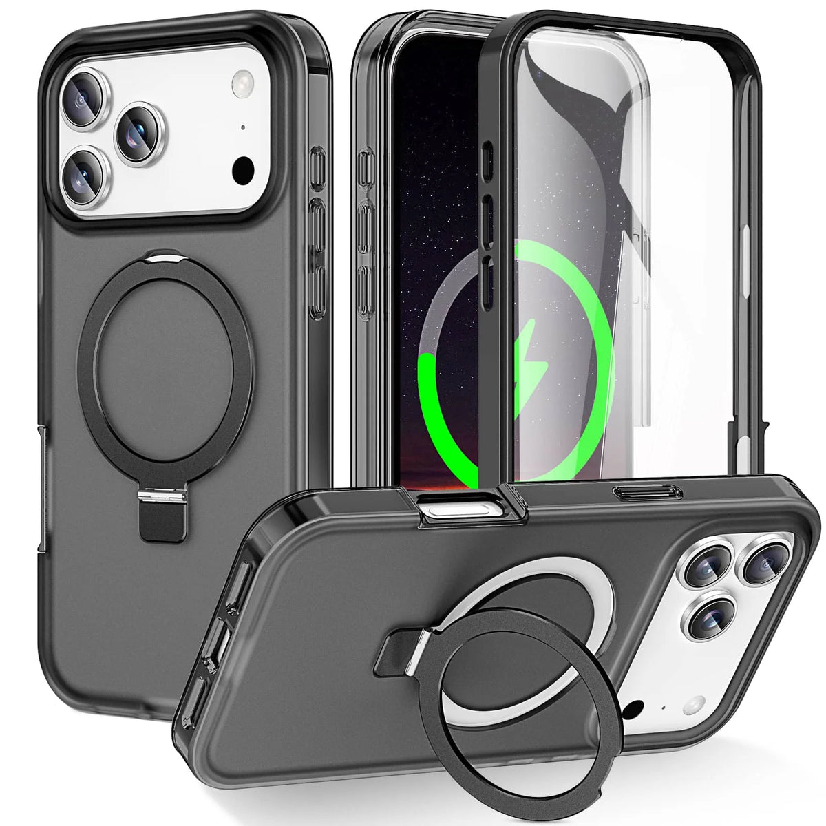 iPhone 17 Pro Max Shockproof Ring Kickstand Case with Built-in Screen Protector – Full-Body Dual-Layer MagSafe Cover