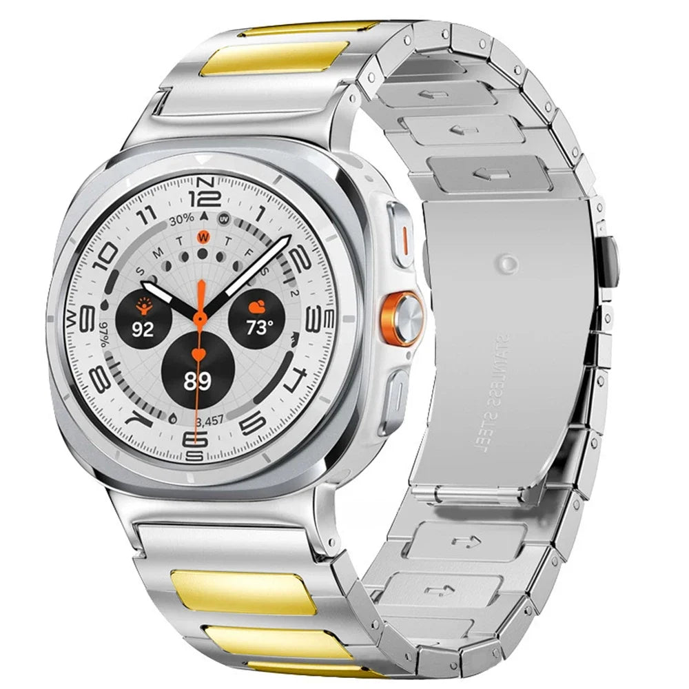 Avontic TitanLink Silver / Gold Accent stainless steel band for Galaxy Watch Ultra and Ultra2 47mm on a clean background