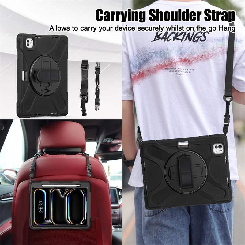 Rugged Kickstand Shockproof Case with Shoulder Strap for 2024 2025 iPad Pro 11", 12.9", iPad Air 13", & iPad Air 11" M2