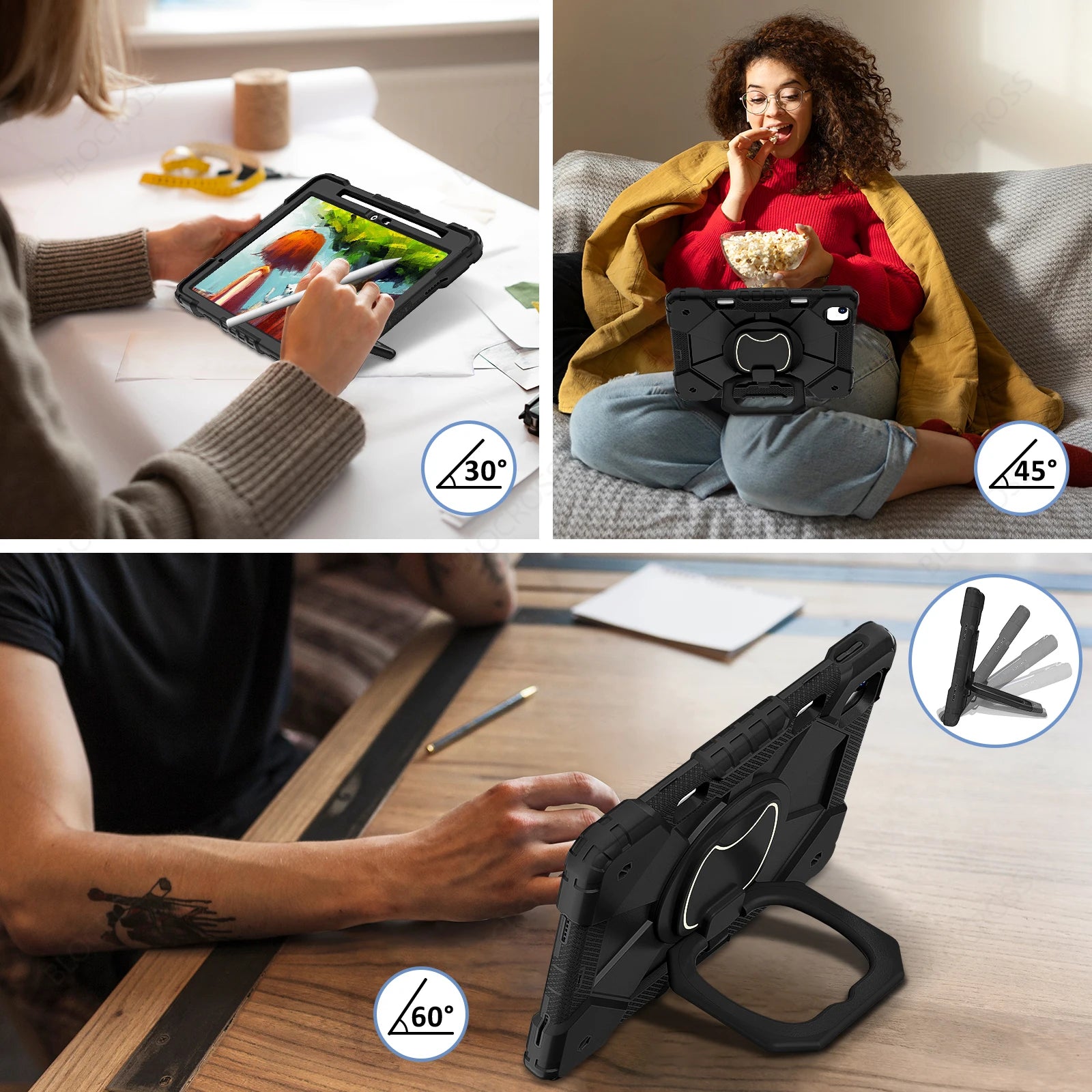 Shockproof Armor Stand Case with Kickstand & Hand Strap for iPad Mini, iPad Air & iPad Pro