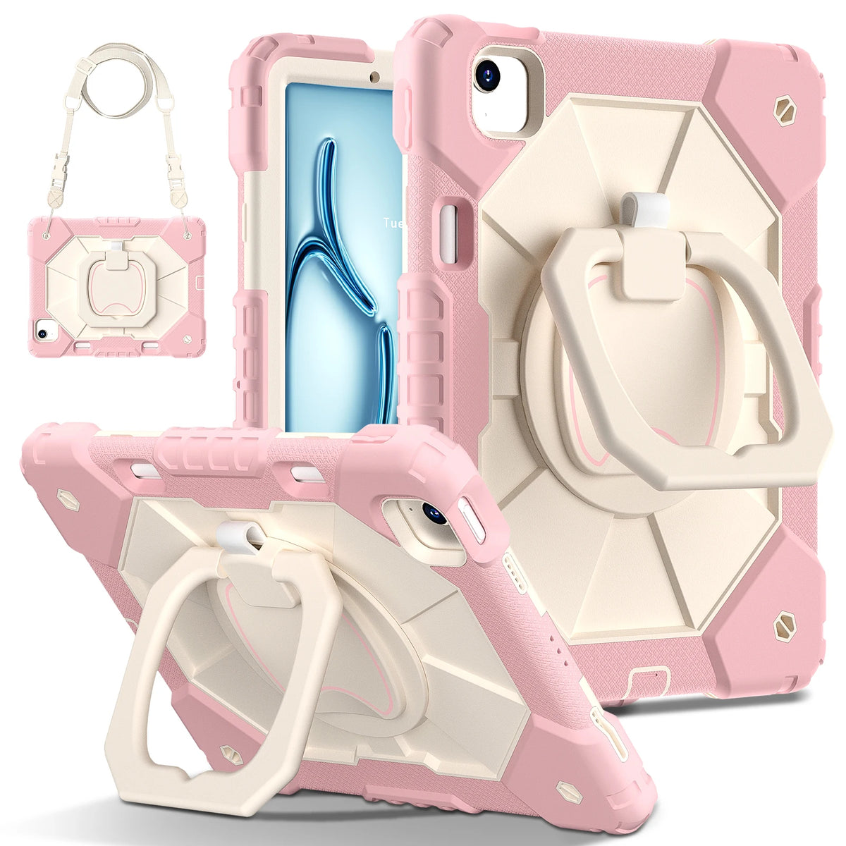 RhinoGuard ArmorPro iPad case in Rose Gold — rotating hand strap and kickstand