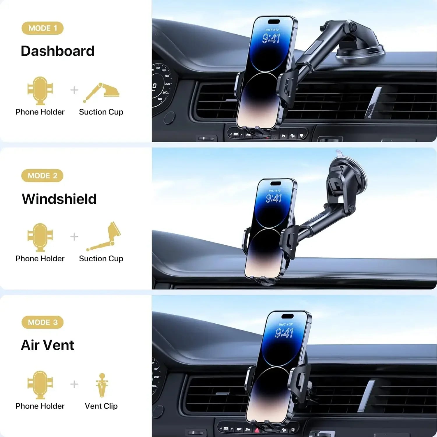 Universal Car Phone Mount – Air Vent Clip or Suction Cup Dashboard & Windshield Holder (360° Adjustable)