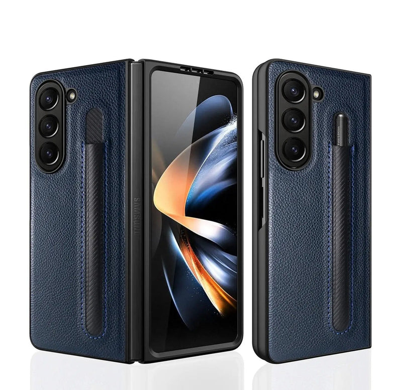 For Samsung Galaxy Z Fold 5 Lychee Leather Case Business with S-Pen Slot & Built-in Tempered Glass Folding Protection Cover Avontic