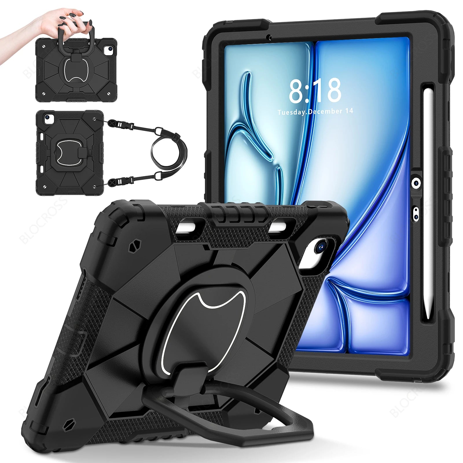 Shockproof Armor Stand Case with Kickstand & Hand Strap for iPad Mini, iPad Air & iPad Pro