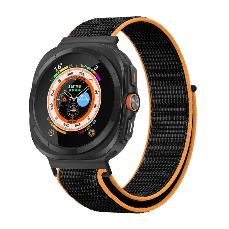 Avontic TrailLoop Black / Orange woven nylon band for Galaxy Watch Ultra and Ultra2 47mm on a clean background