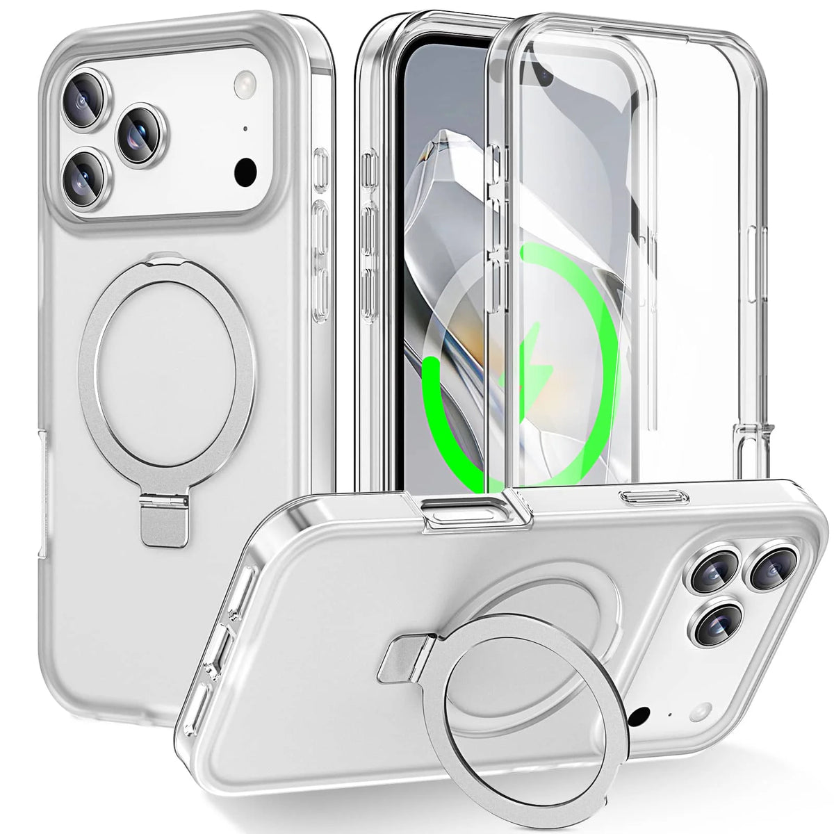 iPhone 17 Pro Max Shockproof Ring Kickstand Case with Built-in Screen Protector – Full-Body Dual-Layer MagSafe Cover