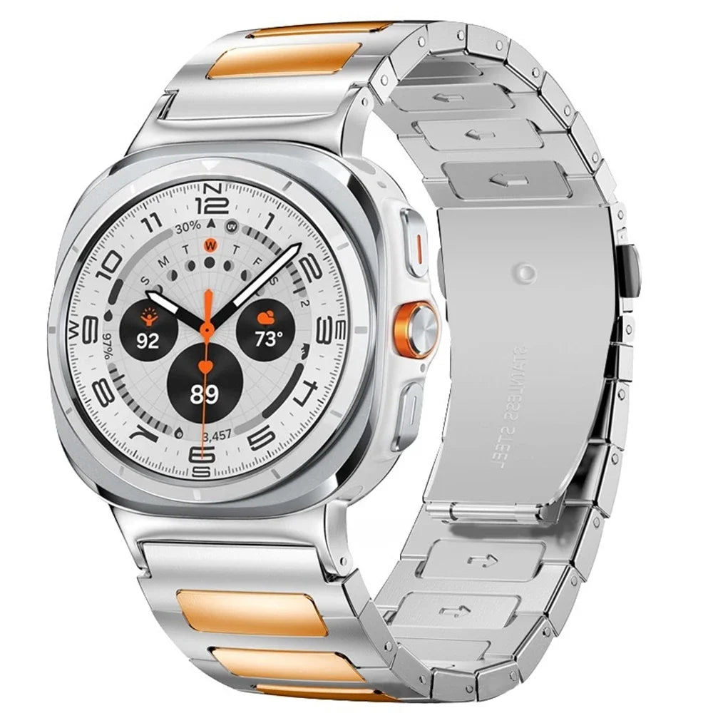 Avontic TitanLink Silver / Rose Gold Accent stainless steel band for Galaxy Watch Ultra and Ultra2 47mm on a clean background